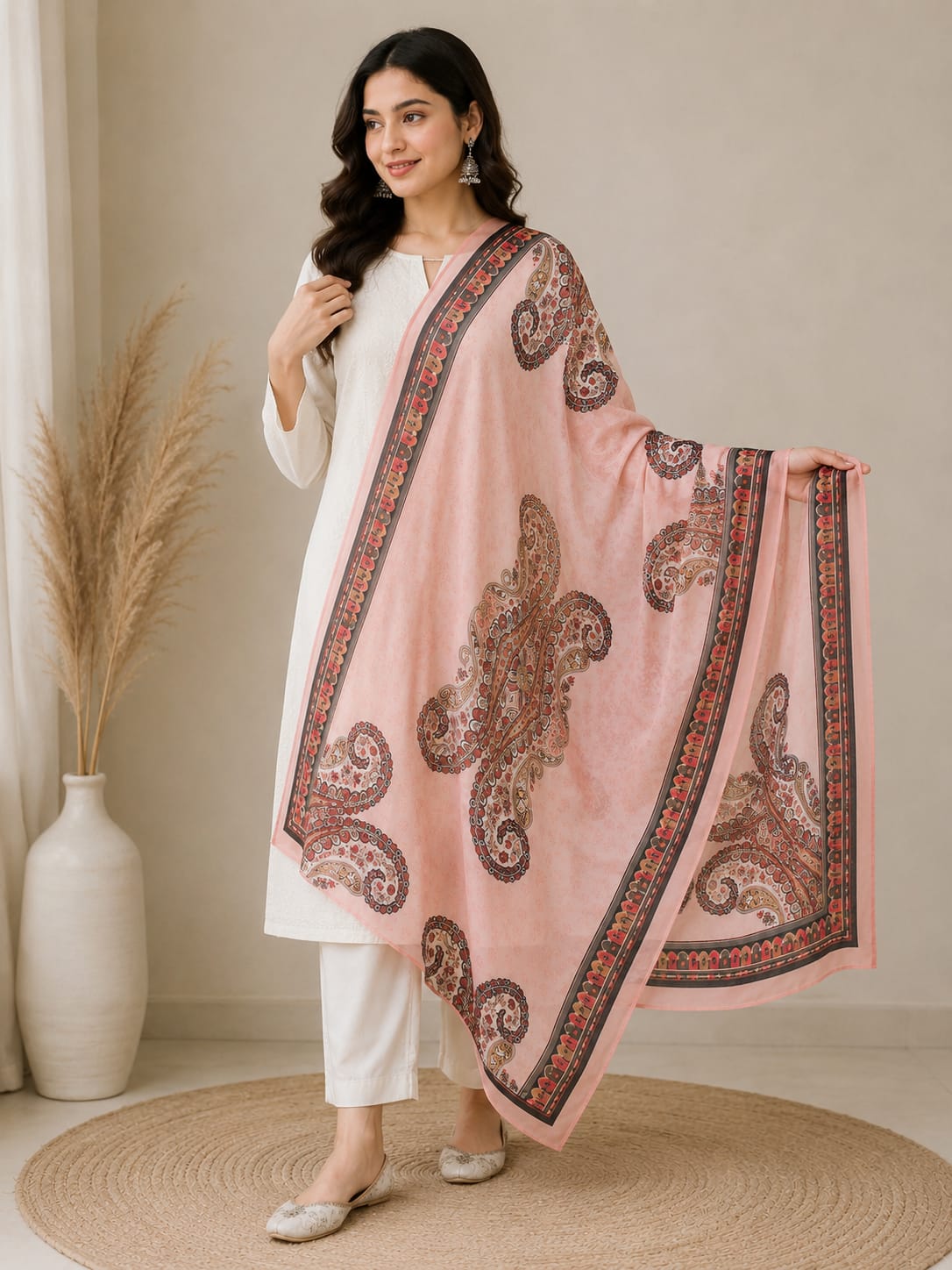 Elegant Pastel Pink Poly-Cotton Paisley Print Dupatta for Women