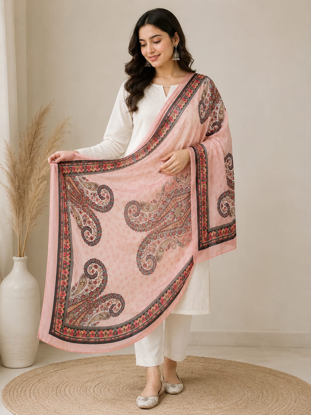 Elegant Pastel Pink Poly-Cotton Paisley Print Dupatta for Women