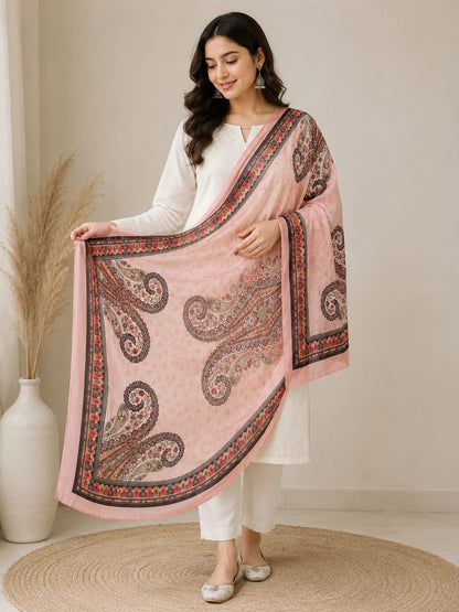 Elegant Pastel Pink Poly-Cotton Paisley Print Dupatta for Women