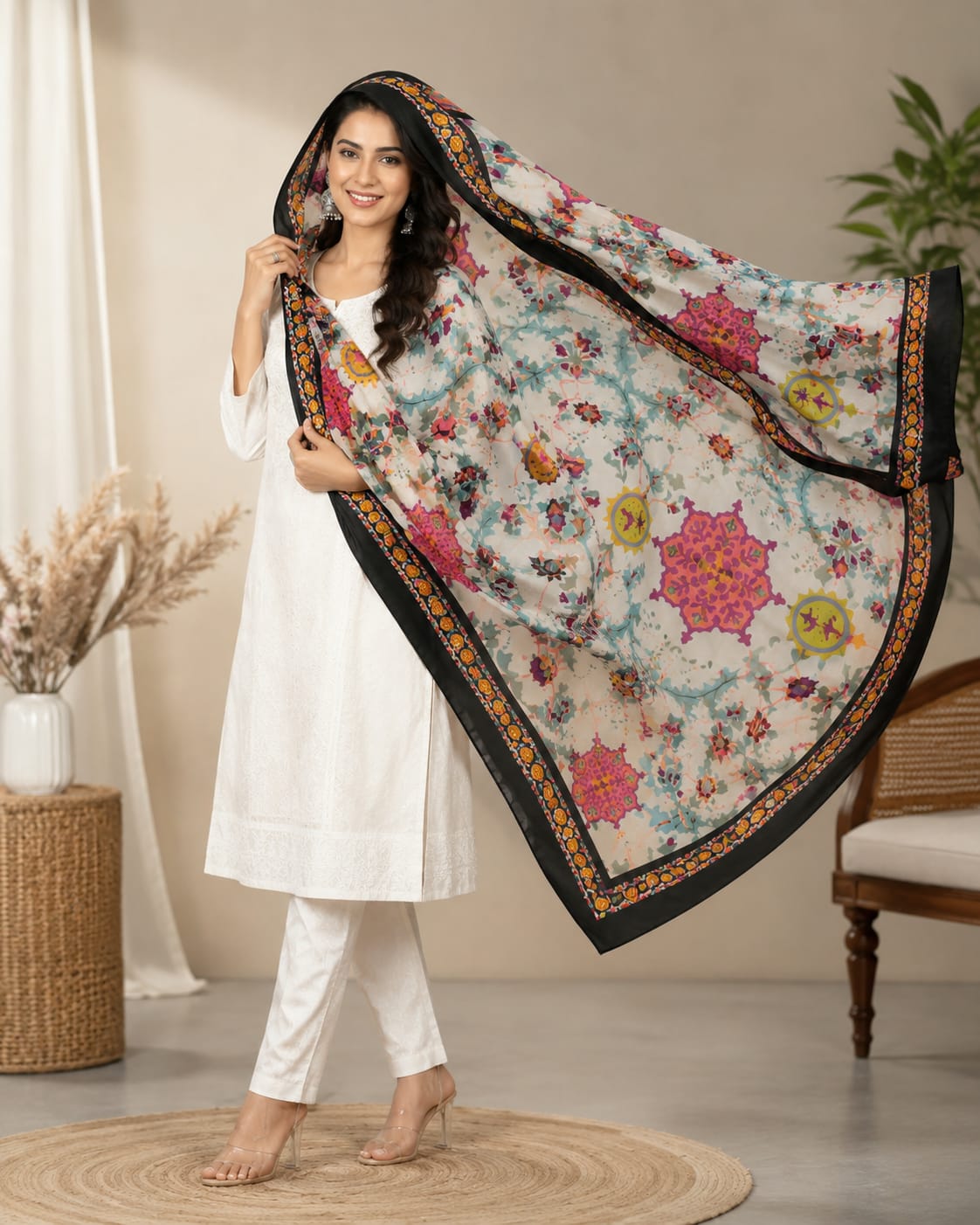 Elegant Floral Print Poly-Cotton Dupatta - Lightweight & Stylish Ethnic Accessory Black & white