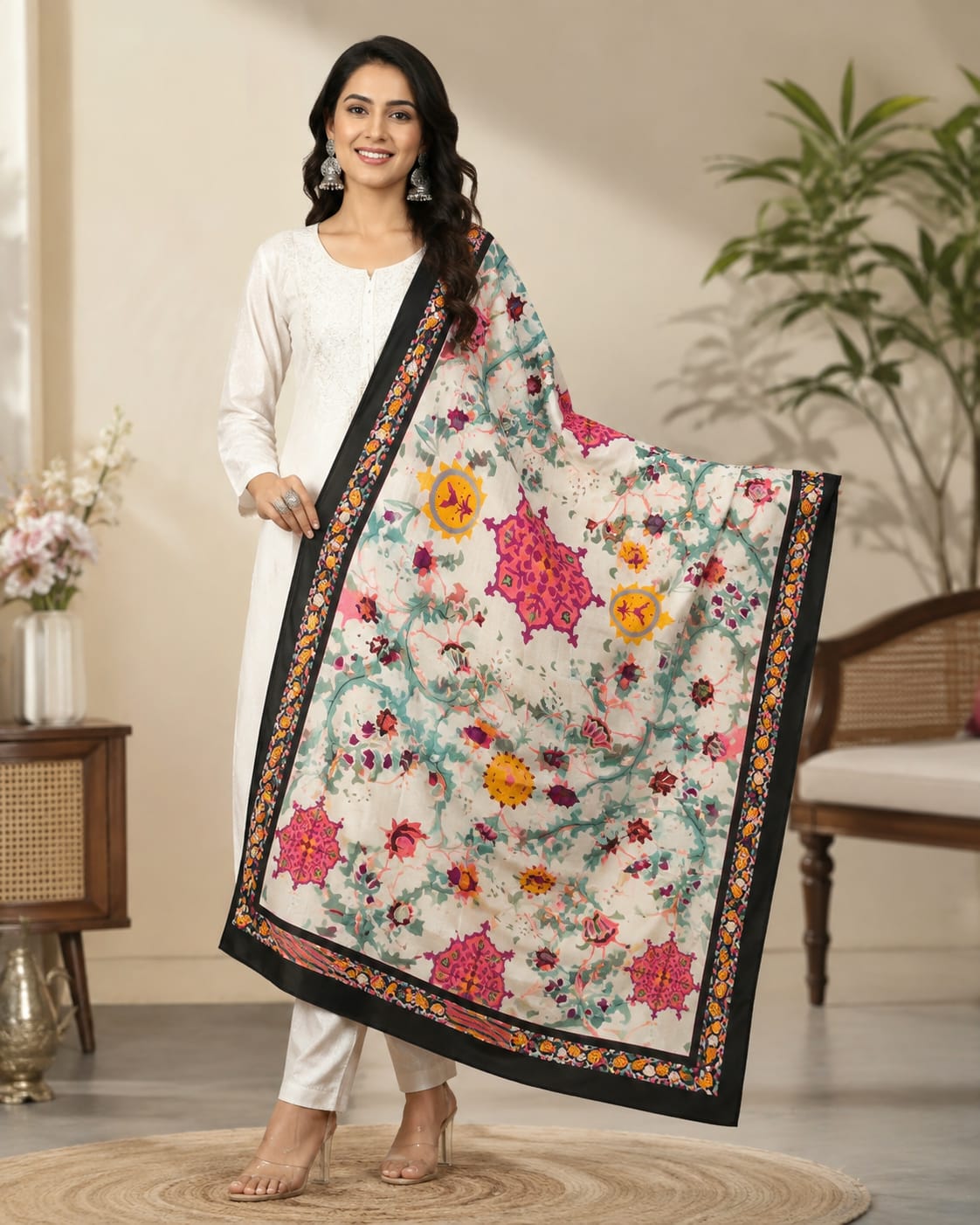 Elegant Floral Print Poly-Cotton Dupatta - Lightweight & Stylish Ethnic Accessory Black & white