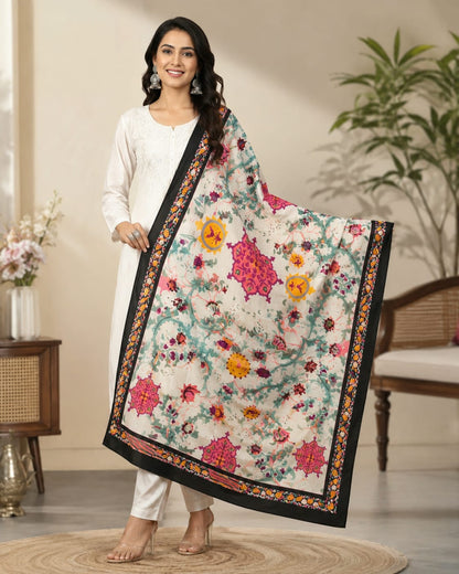 Elegant Floral Print Poly-Cotton Dupatta - Lightweight & Stylish Ethnic Accessory Black & white