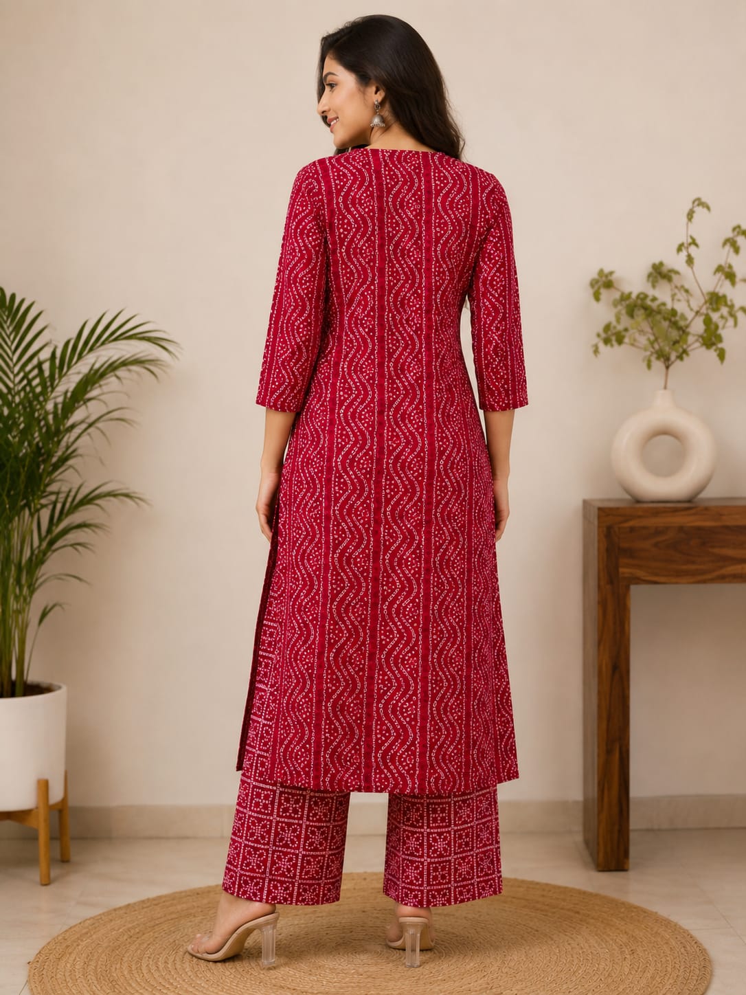 Women's Maroon Red Bandhani Printed Pure Cotton Kurta with Wide-Leg Palazzo Set (2-Piece Set)