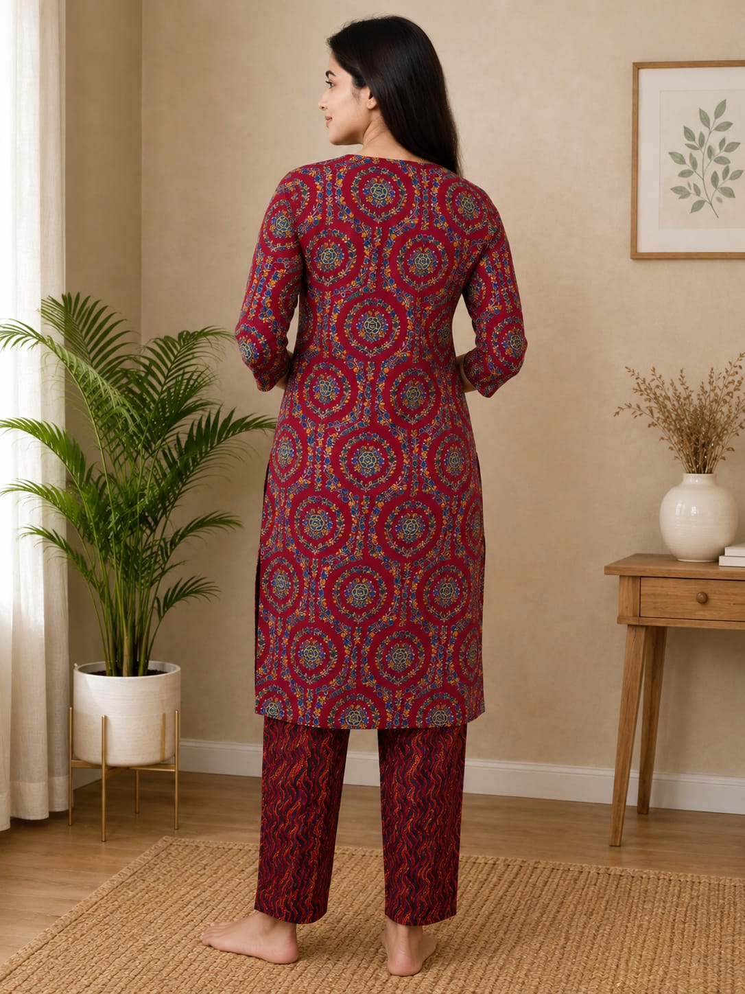 Women's Maroon Ethnic Circular Floral Printed Pure Cotton Kurta with Pant Set (2-Piece Set)