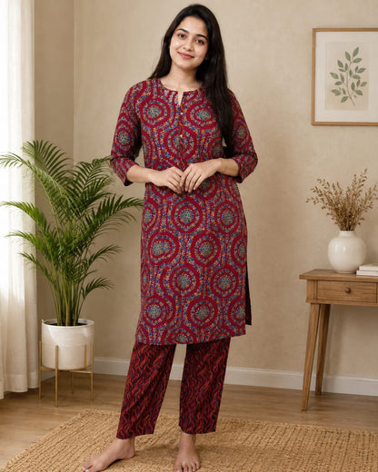 Women's Maroon Ethnic Circular Floral Printed Pure Cotton Kurta with Pant Set (2-Piece Set)