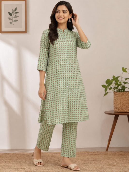 Women's Sage Green Geometric Micro Printed Pure Cotton Kurta with Pant Set (2-Piece Set)