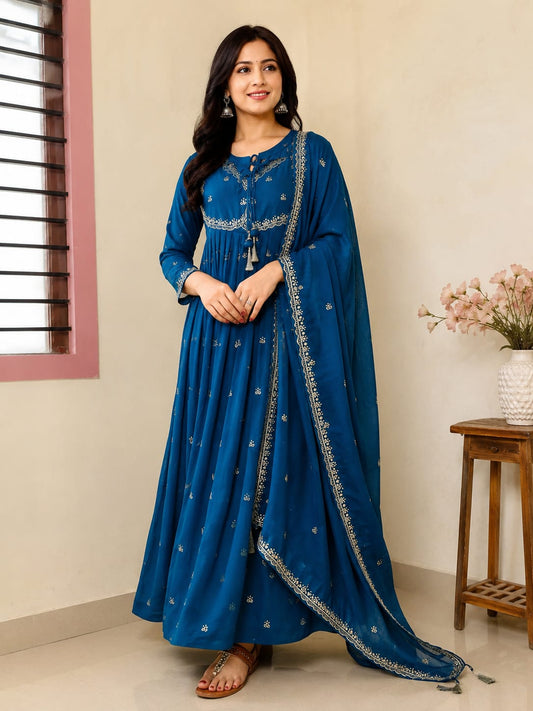Women's Peacock Blue Embroidered Flared Anarkali Maxi Dress with Dupatta (2-Piece Set)