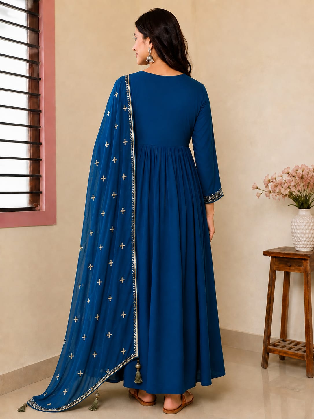 Women's Peacock Blue Embroidered Flared Anarkali Maxi Dress with Dupatta (2-Piece Set)