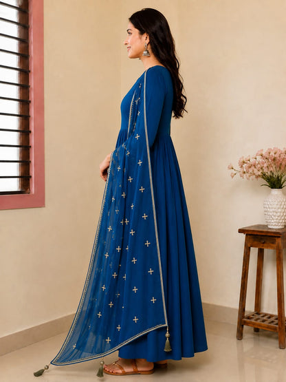 Women's Peacock Blue Embroidered Flared Anarkali Maxi Dress with Dupatta (2-Piece Set)