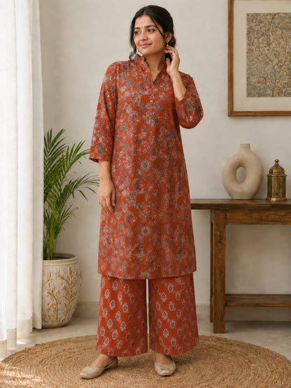 Women's Rust Orange Floral & Ethnic Printed Pure Cotton Kurta with Wide-Leg Palazzo Set (2-Piece Set)