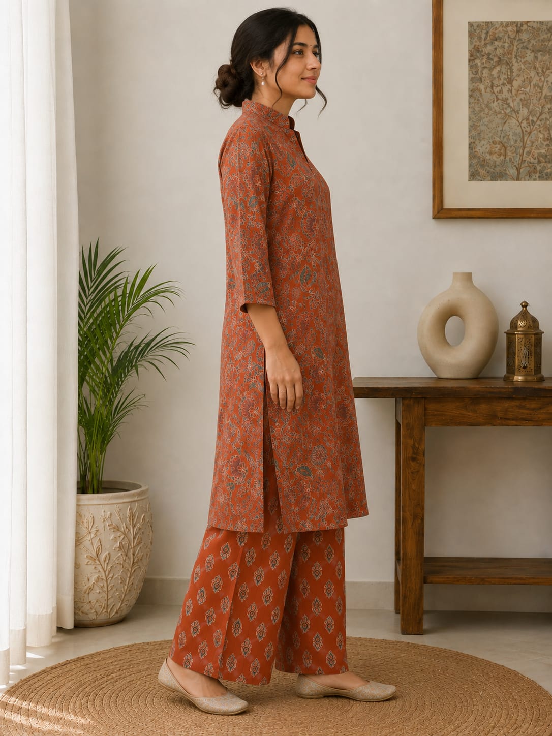 Women's Rust Orange Floral & Ethnic Printed Pure Cotton Kurta with Wide-Leg Palazzo Set (2-Piece Set)