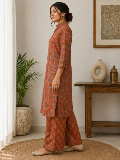 Women's Rust Orange Floral & Ethnic Printed Pure Cotton Kurta with Wide-Leg Palazzo Set (2-Piece Set)