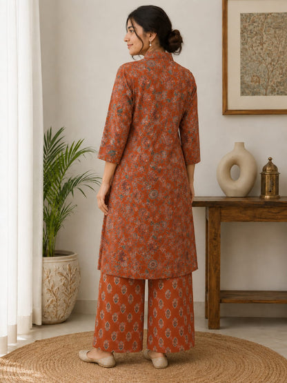Women's Rust Orange Floral & Ethnic Printed Pure Cotton Kurta with Wide-Leg Palazzo Set (2-Piece Set)
