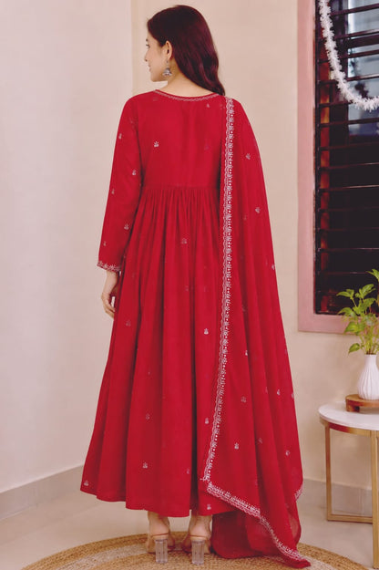 Women's Crimson PINK Embroidered Flared Anarkali Maxi Dress with Dupatta (2-Piece Set)
