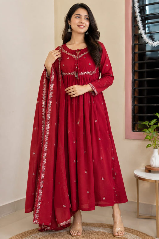 Women's Crimson PINK Embroidered Flared Anarkali Maxi Dress with Dupatta (2-Piece Set)