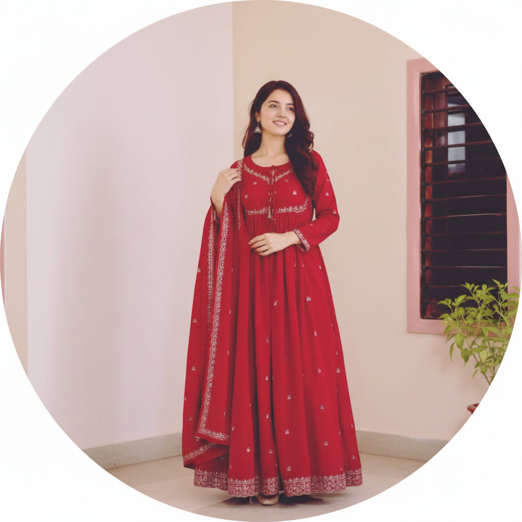 Women's Crimson PINK Embroidered Flared Anarkali Maxi Dress with Dupatta (2-Piece Set)