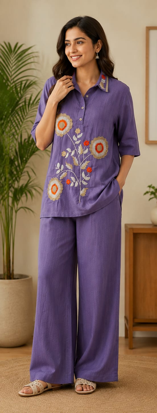 Women's Lavender Floral Embroidered Cotton Collared Co-ord Set (2-Piece Set)