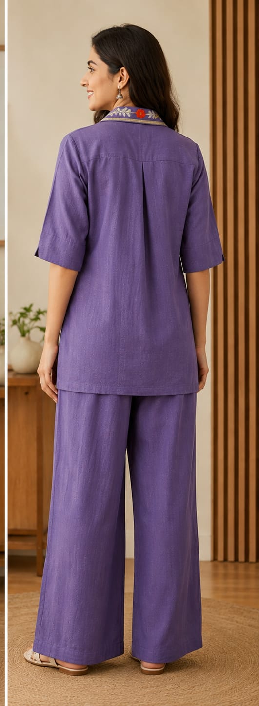 Women's Lavender Floral Embroidered Cotton Collared Co-ord Set (2-Piece Set)