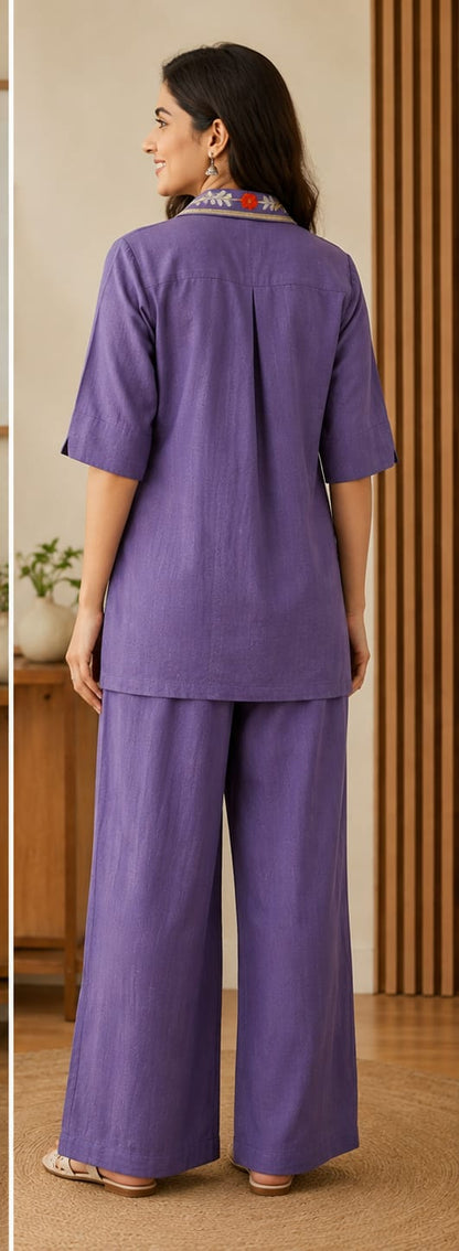 Women's Lavender Floral Embroidered Cotton Collared Co-ord Set (2-Piece Set)