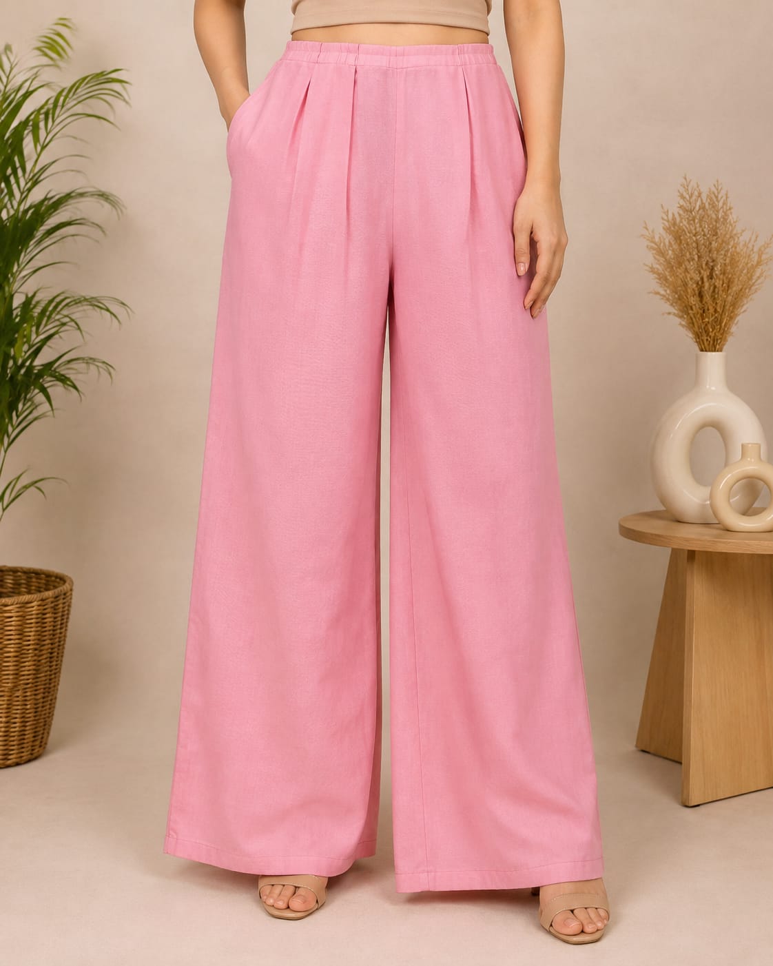 Women's Soft Pink Embroidered Pure Cotton Tunic with Wide-Leg Palazzo Co-ord Set (2-Piece Set)