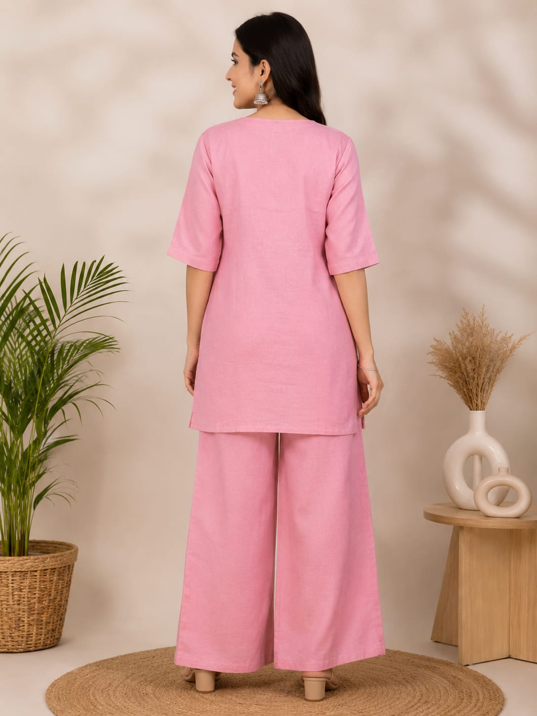 Women's Soft Pink Embroidered Pure Cotton Tunic with Wide-Leg Palazzo Co-ord Set (2-Piece Set)