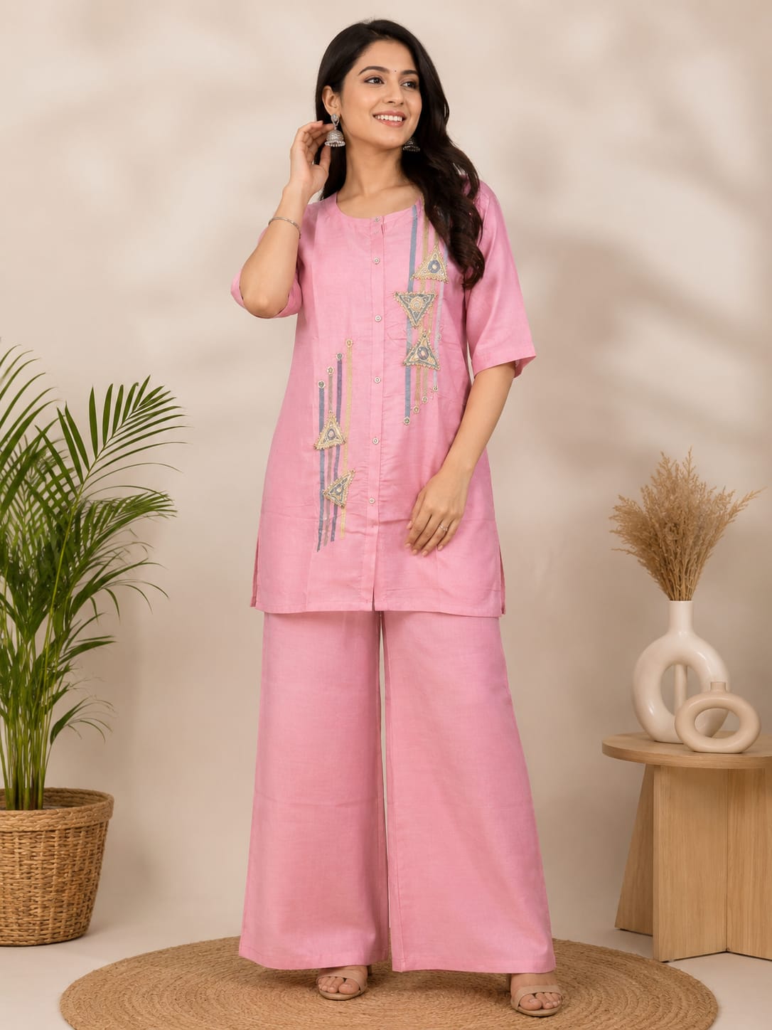 Women's Soft Pink Embroidered Pure Cotton Tunic with Wide-Leg Palazzo Co-ord Set (2-Piece Set)