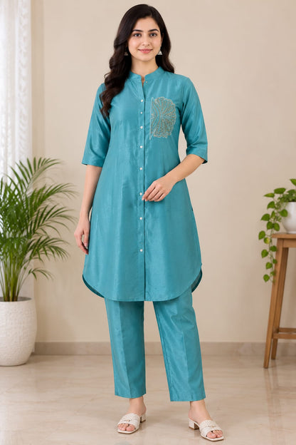 Women's Teal Blue Embroidered Shirt-Style Tunic with Pant Co-ord Set (2-Piece Set)