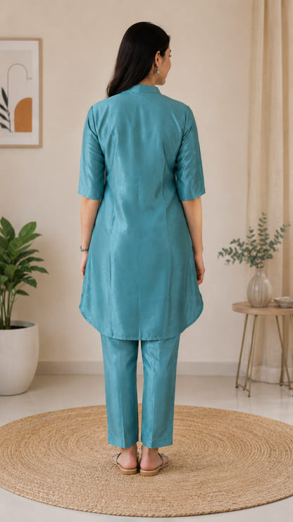 Women's Teal Blue Embroidered Shirt-Style Tunic with Pant Co-ord Set (2-Piece Set)