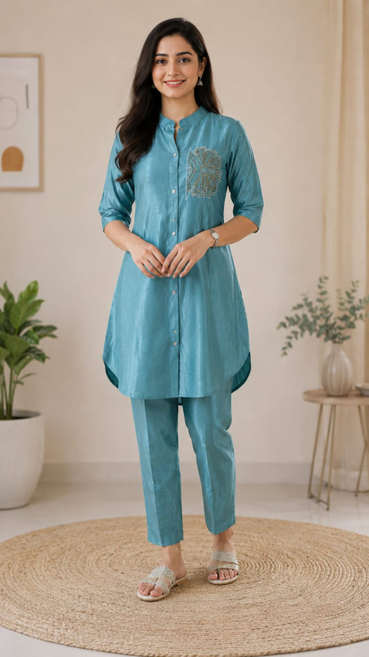 Women's Teal Blue Embroidered Shirt-Style Tunic with Pant Co-ord Set (2-Piece Set)
