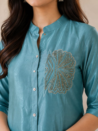 Women's Teal Blue Embroidered Shirt-Style Tunic with Pant Co-ord Set (2-Piece Set)