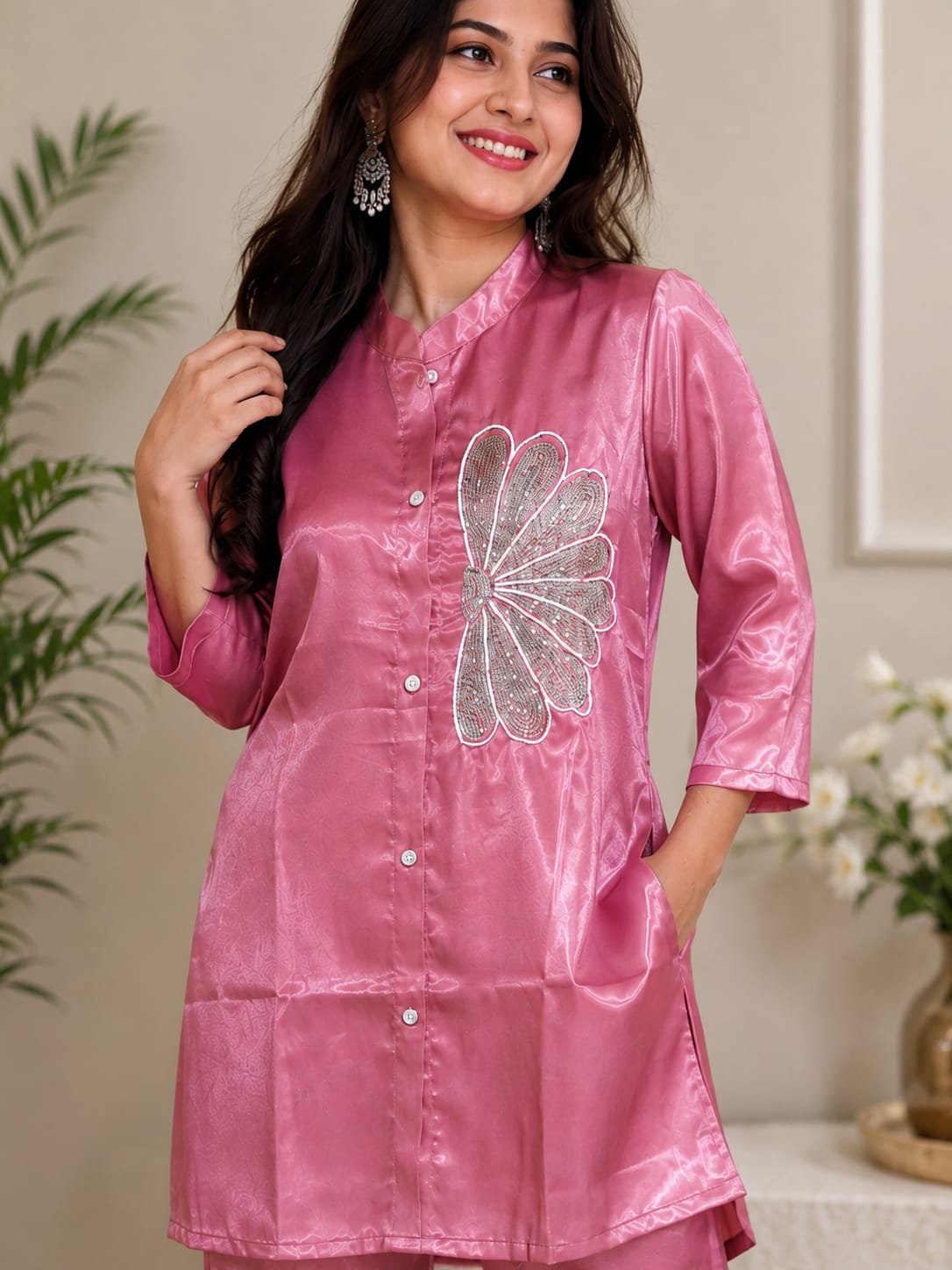 Women's Dusty Pink Embroidered Shirt Tunic with Pant Silk-Blend / Cotton Co-ord Set (2-Piece Set)