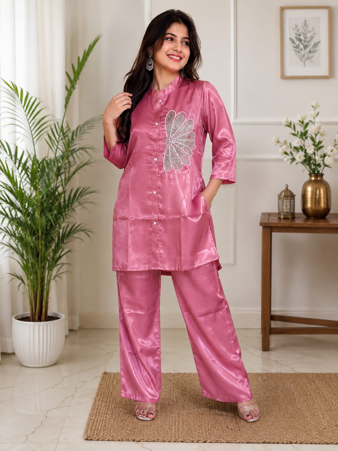 Women's Dusty Pink Embroidered Shirt Tunic with Pant Silk-Blend / Cotton Co-ord Set (2-Piece Set)