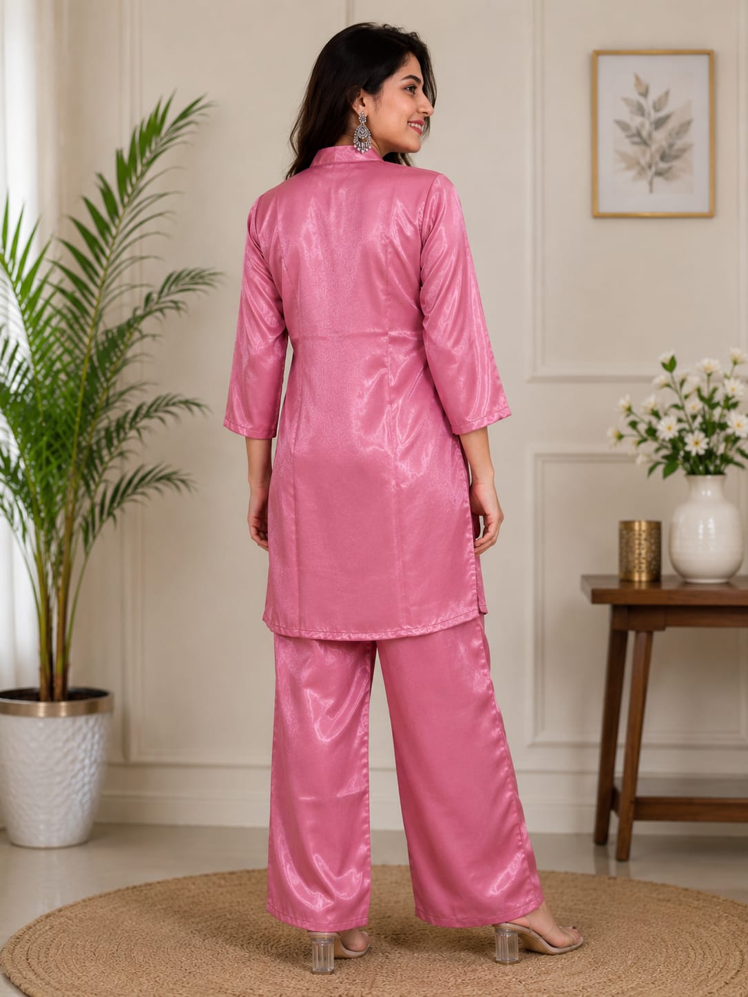 Women's Dusty Pink Embroidered Shirt Tunic with Pant Silk-Blend / Cotton Co-ord Set (2-Piece Set)