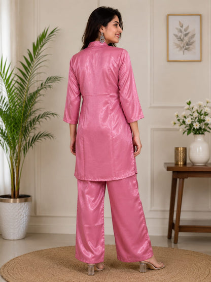 Women's Dusty Pink Embroidered Shirt Tunic with Pant Silk-Blend / Cotton Co-ord Set (2-Piece Set)