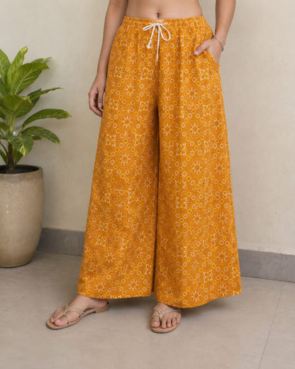 Women's Mustard Yellow Printed Pure Cotton Kurta Tunic with Wide-Leg Palazzo Co-ord Set (2-Piece Set)