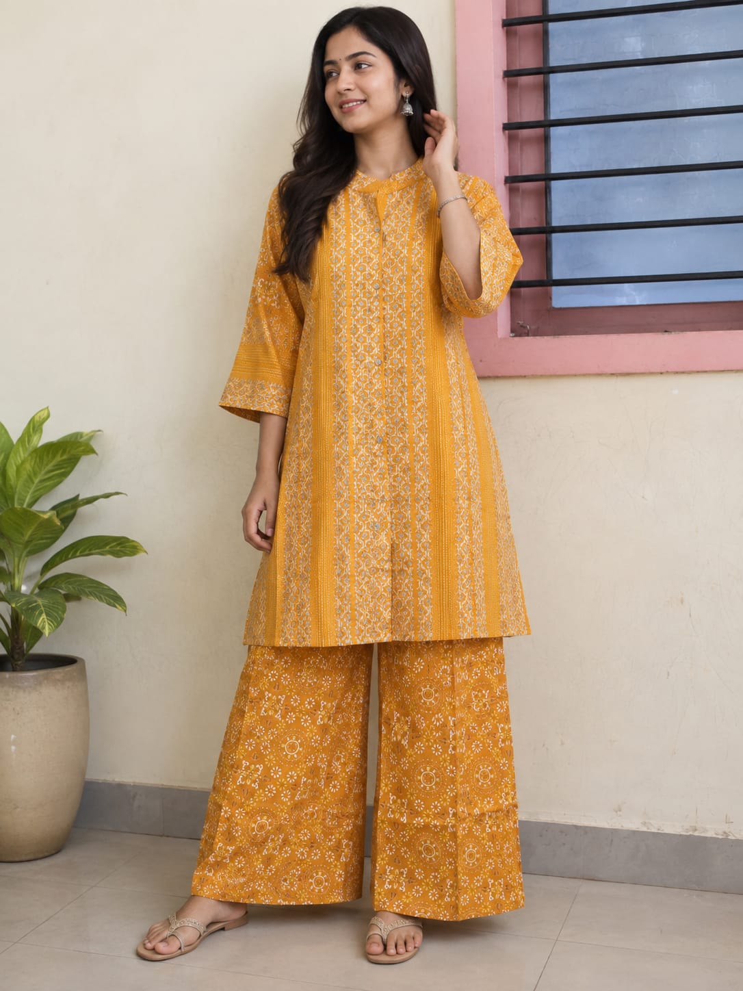Women's Mustard Yellow Printed Pure Cotton Kurta Tunic with Wide-Leg Palazzo Co-ord Set (2-Piece Set)