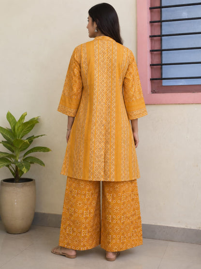 Women's Mustard Yellow Printed Pure Cotton Kurta Tunic with Wide-Leg Palazzo Co-ord Set (2-Piece Set)