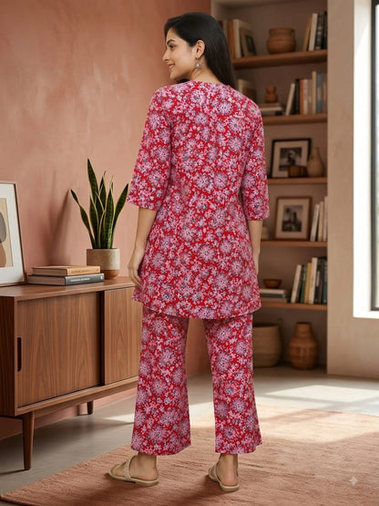 Women' Red & Pink Floral Printed Pure Cotton Short Tunic Kurta with Pant Co-ord Set (2-Piece Set)