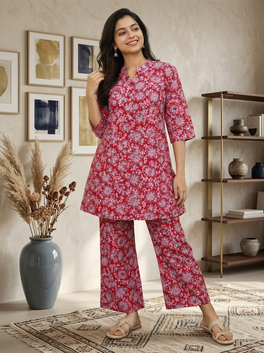 Women' Red & Pink Floral Printed Pure Cotton Short Tunic Kurta with Pant Co-ord Set (2-Piece Set)