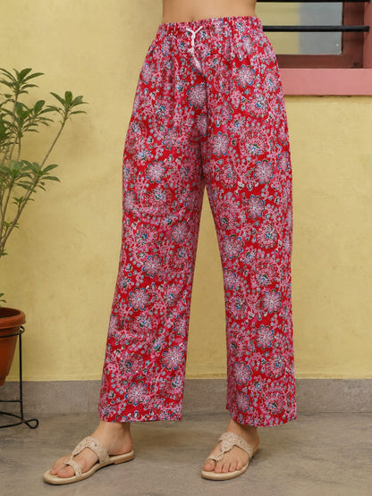 Women' Red & Pink Floral Printed Pure Cotton Short Tunic Kurta with Pant Co-ord Set (2-Piece Set)
