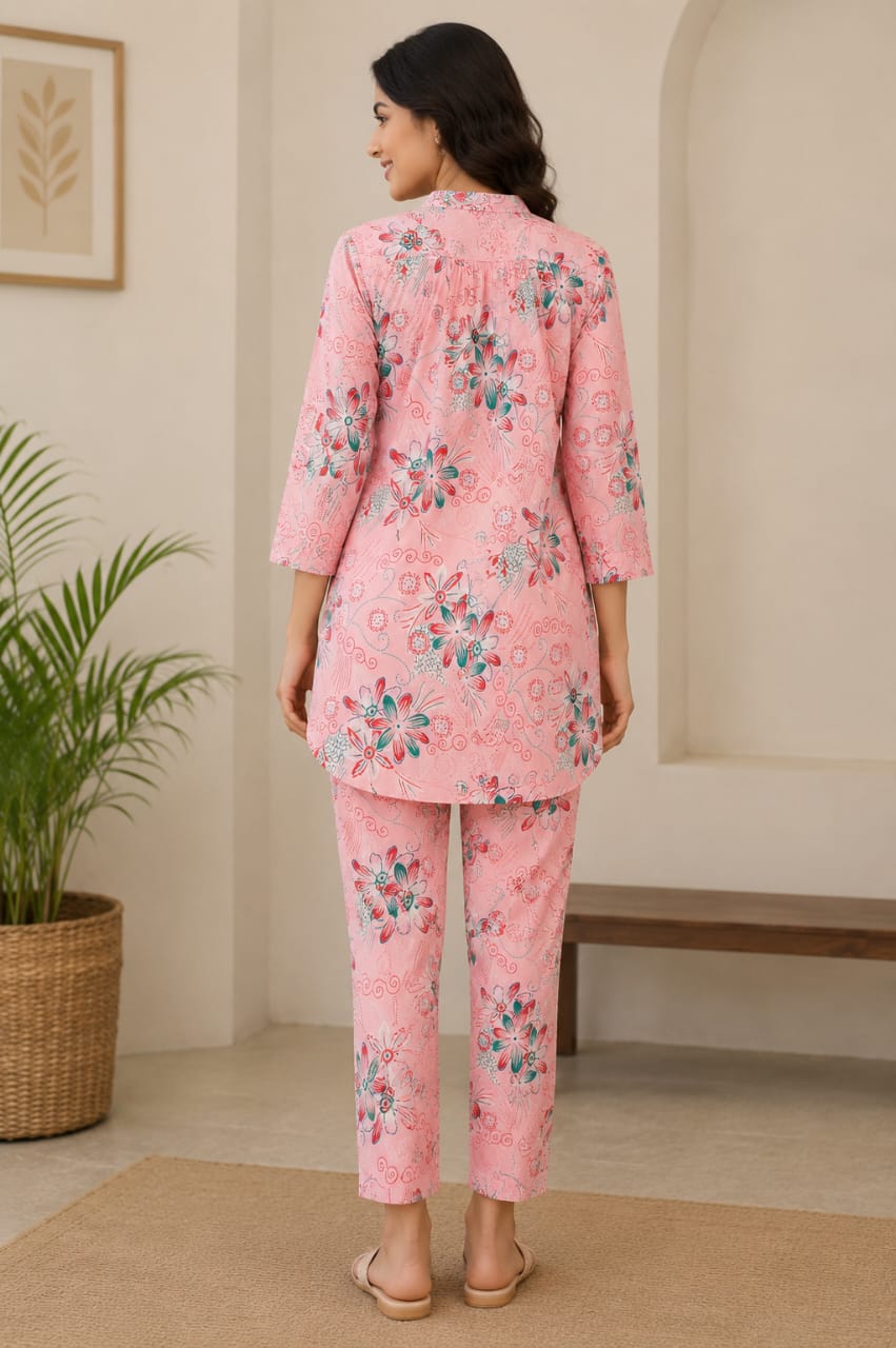 Women's Baby Pink Floral Printed Pure Cotton Short Tunic with Pant Co-ord Set (2-Piece Set)