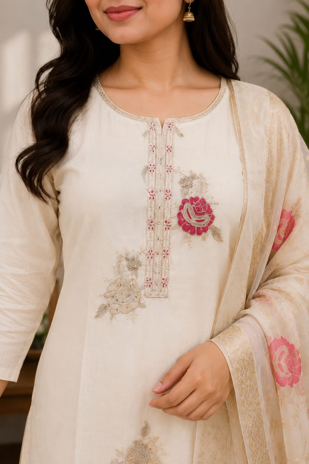 Women's Off-White Floral Embroidered Pure Cotton Kurta Pant with Organza Dupatta Set
