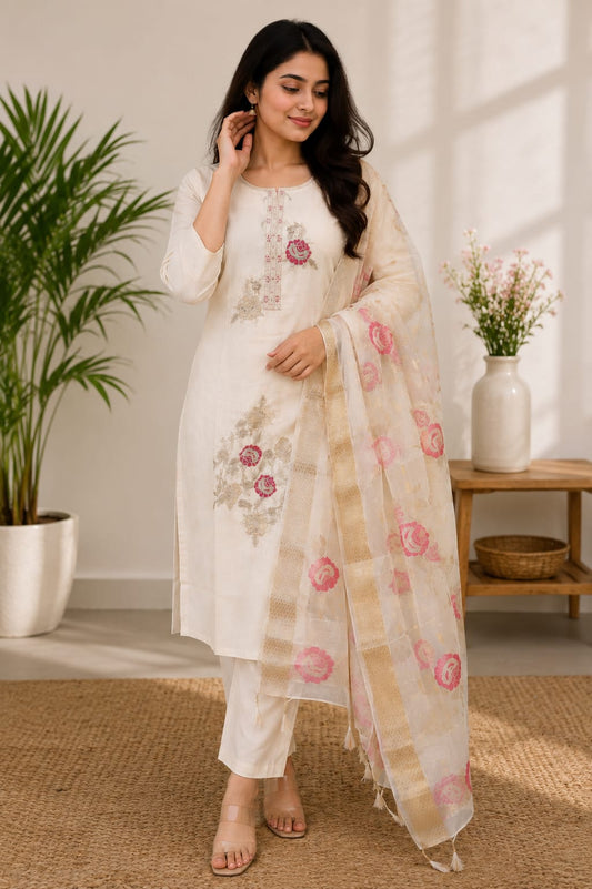 Women's Off-White Floral Embroidered Pure Cotton Kurta Pant with Organza Dupatta Set