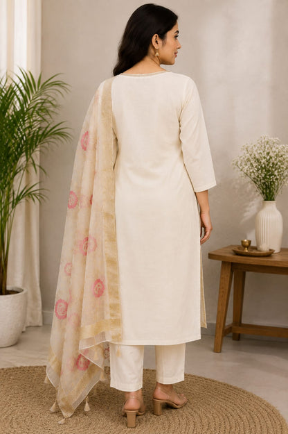 Women's Off-White Floral Embroidered Pure Cotton Kurta Pant with Organza Dupatta Set