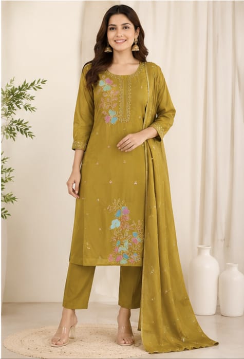 Women Olive Green Embroidered Poly-Cotton Kurta with Trousers & Dupatta Set (Pack of 3)