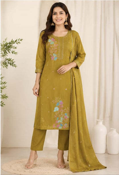 Women Olive Green Embroidered Poly-Cotton Kurta with Trousers & Dupatta Set (Pack of 3)