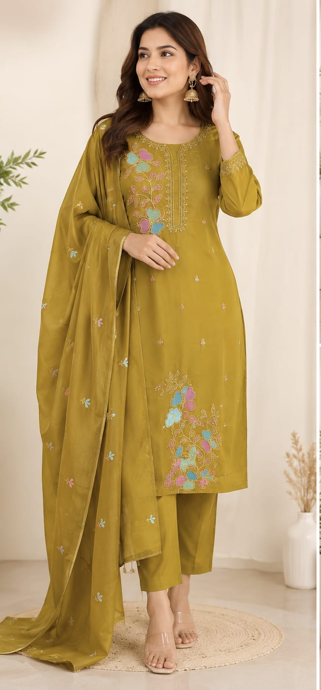 Women Olive Green Embroidered Poly-Cotton Kurta with Trousers & Dupatta Set (Pack of 3)