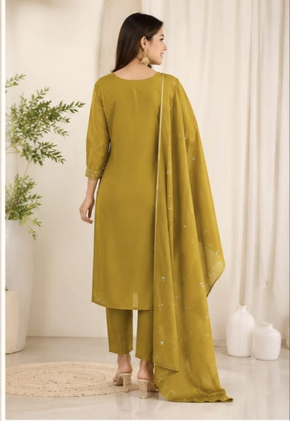 Women Olive Green Embroidered Poly-Cotton Kurta with Trousers & Dupatta Set (Pack of 3)