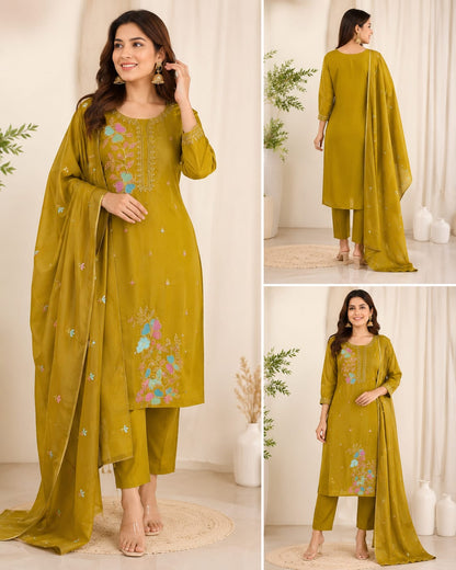Women Olive Green Embroidered Poly-Cotton Kurta with Trousers & Dupatta Set (Pack of 3)
