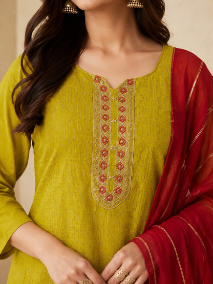 Women's Mustard Green Embroidered Cotton Blend Kurta with Maroon Pant & Zari Striped Dupatta Set (Pack of 3)
